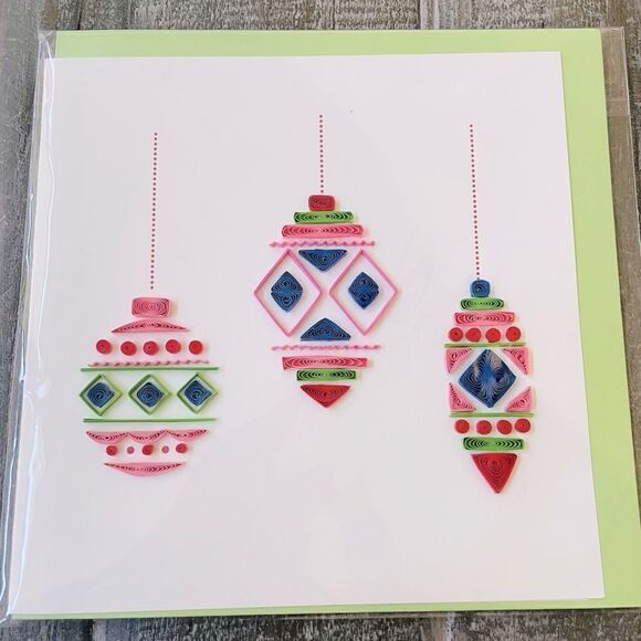 Vintage Christmas Ornaments Quilling Card Paper Art Greeting Card - Picture 1 of 3
